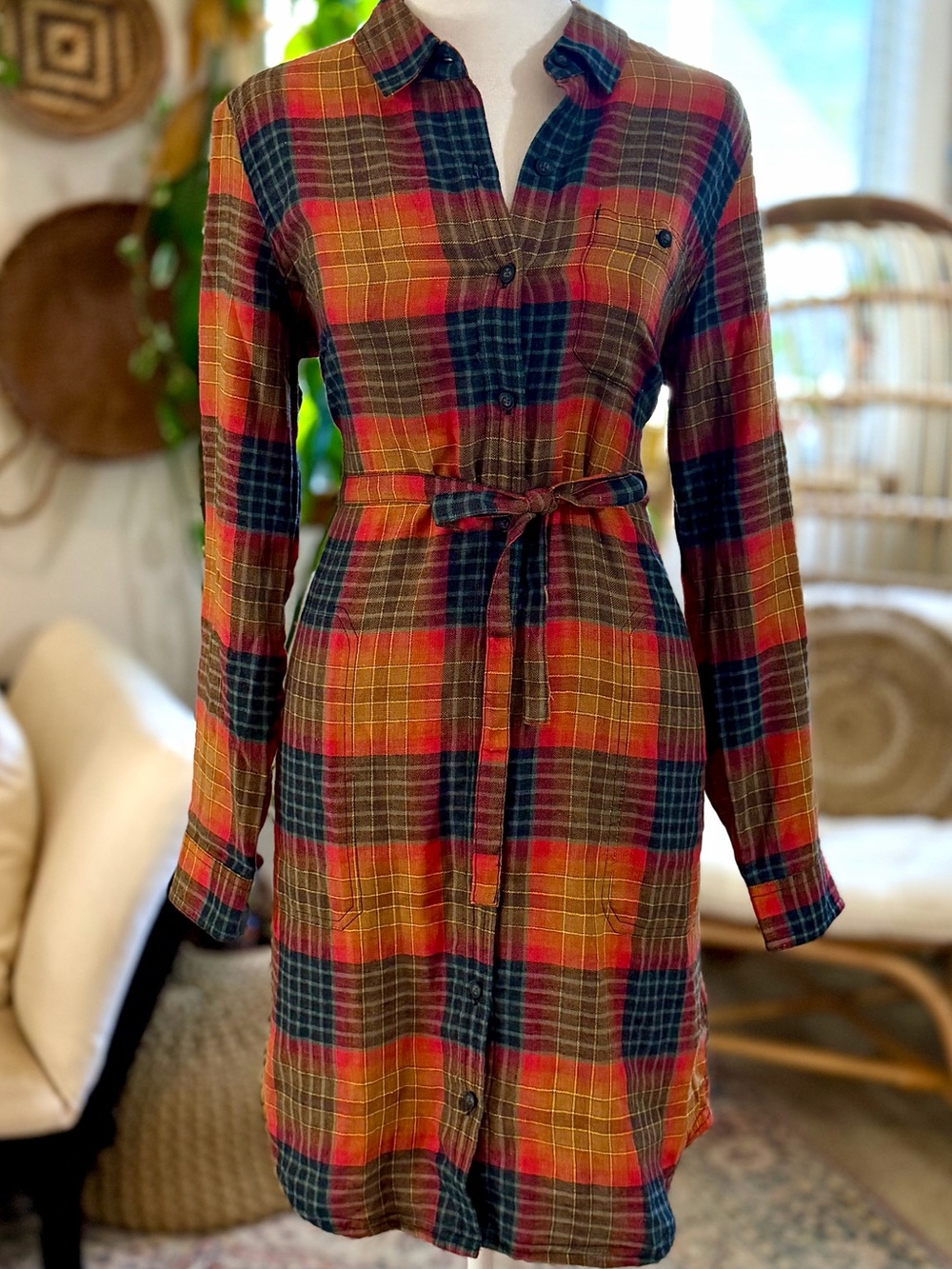 Toad&Co Plaid Shirt Dress in Rust, Olive & Navy - Picture 2 of 11